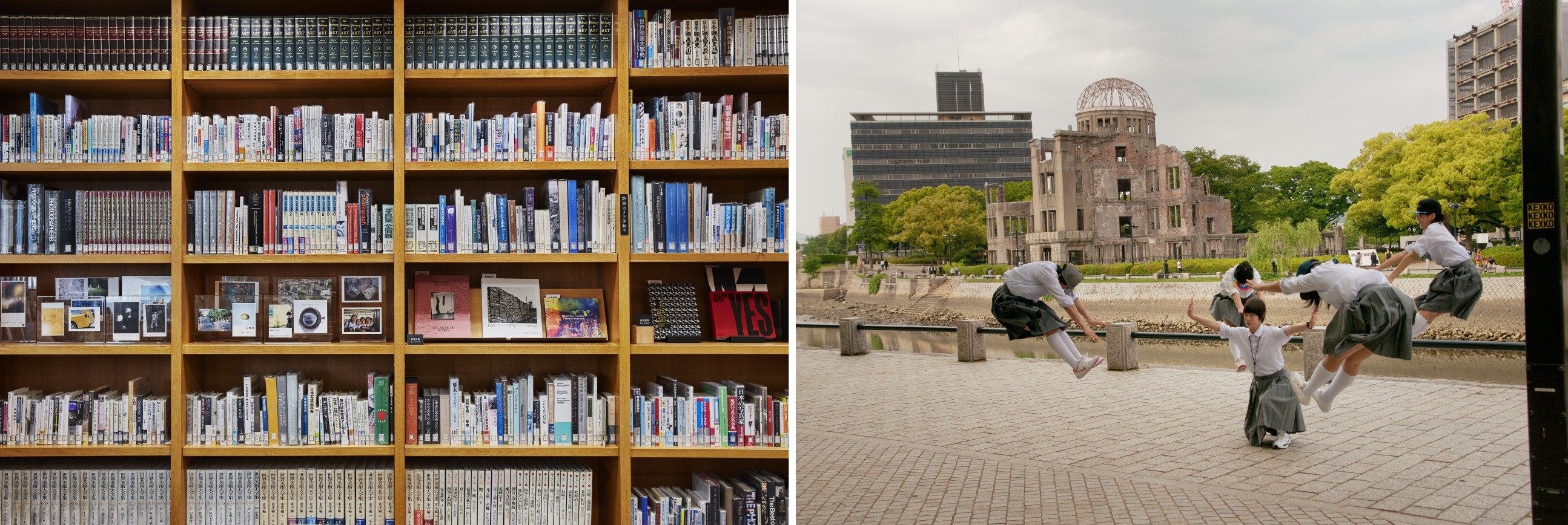 図書室の本棚と藤岡亜弥さんの作品(〈川はゆく〉より 2013–2017年 発色現像方式印画 東京都写真美術館蔵)